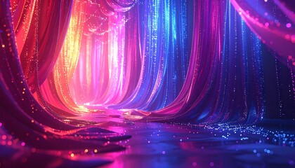 Vivid fabric forms a flowing corridor of shimmering, blue, red, and purple lights, creating an ethereal atmosphere