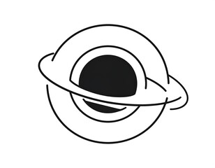 A black hole graphic icon with stylized ring and orbits. Simple design, minimalist outline. White background