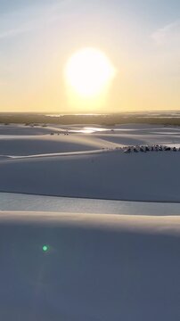 Sunset Lencois Maranhenses In Santo Amaro Maranhao Brazil. Turquoise Lagoons And Sand Dunes Creating Inspiring Landscape. Sunrise Sky Beach. Sunrise Outside Beach Panorama. Santo Amaro Maranhao.