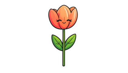A sticker of a cartoon tulip with an orange bloom and happy face, on a black backdrop