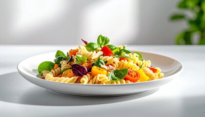 흰 접시 위 토마토와 바질을 곁들인 신선한 푸실리 파스타 샐러드 Fresh fusilli pasta salad with tomatoes and basil on white plate