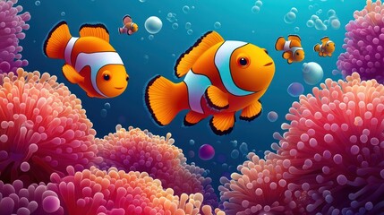 Clownfish family swimming near coral reef; underwater scene
