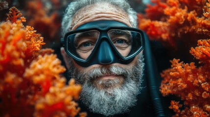 Senior diver exploring vibrant coral reef