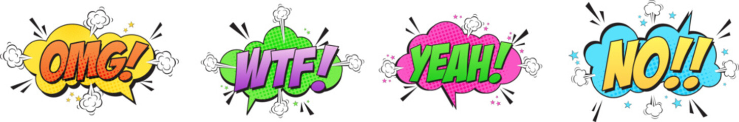 Set of speech bubbles OMG, WTF, YEAH, NO words with halftone effect. Retro empty comic speech bubbles with pop art style