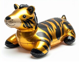Golden inflatable tiger with black stripes, a whimsical and playful decoration. Perfect for parties, celebrations, or adding some fun to any space.