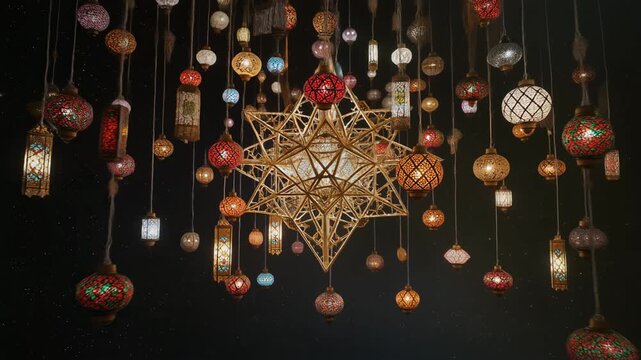 Hanging Lanterns and Decorative Star in Dark Background.