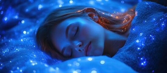 Woman sleeping peacefully, blue lights, bedroom
