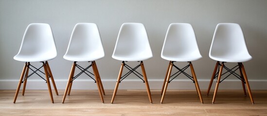 Four white chairs in a row, light wood floor, simple background, meeting room