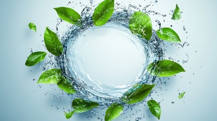 Fresh leaves in water swirl, blue background, nature, purity