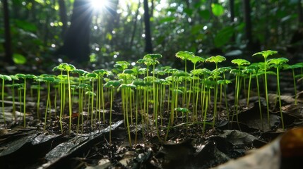 Sunlit forest floor, seedlings sprouting, lush background, nature conservation