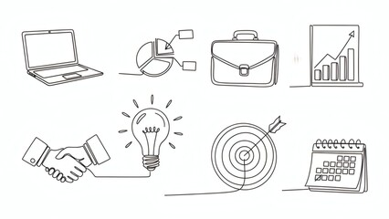 Minimalist Business Icons Set Hand Drawn Line Art Organic Curves Imperfect Strokes Simple Corporate Symbols Modern Entrepreneurship Vector Black White Design