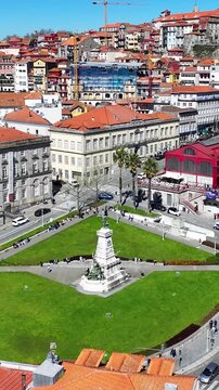 Bolsa Palace In Porto Portugal. Amazing Skysrapers And Traffic On Street Viewed From Above. Metropolitan Landscape Commercial Building Awesome. Urban Commercial Building Town. Porto Portugal.