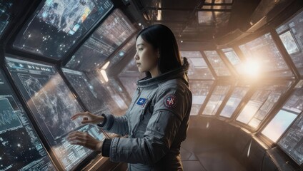 Fototapeta premium Astronaut in Futuristic Control Room Interacting with Screens.