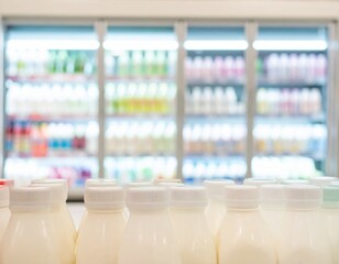 Milk bottles on display in supermarket with blurred background
