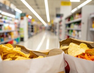 Close up of snack bags with chips in a blurred grocery store aisle