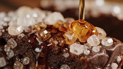 Golden glistening honey or rich caramel syrup slowly cascades and drips onto a delectable dark chocolate dessert adorned with sparkling crystalline sugar granules creating a visually appealing and mo.