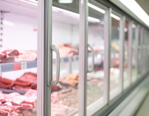Row of Refrigerated Display Cases with Fresh Meat in Supermarket Aisle