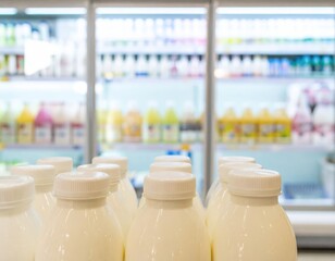 Row of white plastic milk bottles in a supermarket