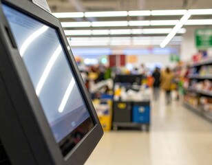 Digital self service checkout screen in a modern grocery store