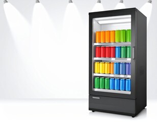 Black display refrigerator with colorful beverage cans in brightly lit room