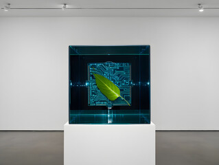 AI transparency visual Glass cube with visible circuit board and leaf inside symbolic ethical tech clean