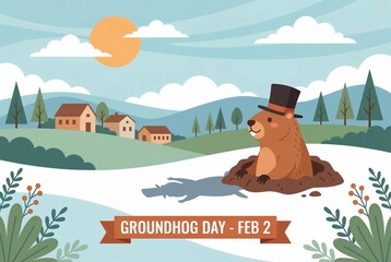 Illustrated groundhog in a top hat peeking from its burrow on a sunny Groundhog Day landscape