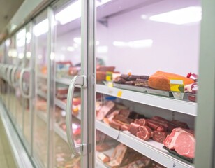 Fresh meat products displayed in supermarket refrigerator