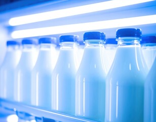 Rows of fresh milk bottles on a blue lit supermarket shelf