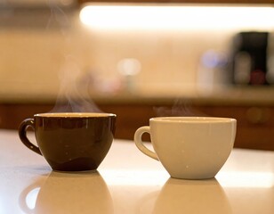 Steaming hot coffee cups on reflective kitchen counter in home kitchen