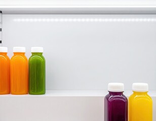 Vibrant Colorful Juice Bottles on White Shelf