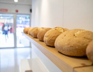 Freshly baked round loaves of bread on a wooden shelf in a bakery