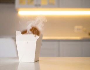 Steaming White Takeout Food Box on Kitchen Counter