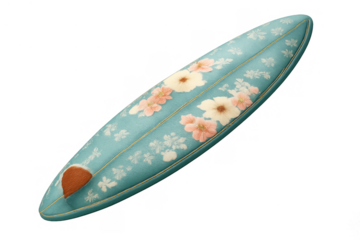 Surfboard with vintage floral pattern in teal, pink, and white, perfect for summer, beach, and tropical design themes