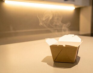 Open brown cardboard takeout box with hot food and steam on a kitchen countertop