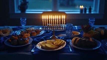 A traditionally set Hanukkah dinner table with lit candles and a variety of traditional dishes.