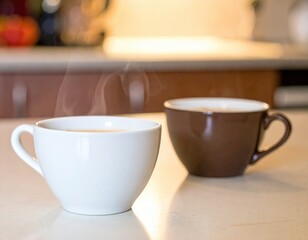 Steaming white coffee cup with blurred brown cup on kitchen counter