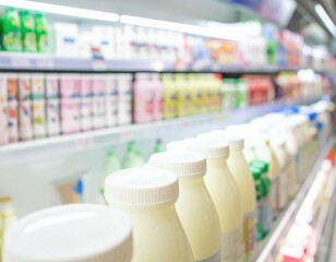 Rows of milk bottles in a supermarket dairy aisle