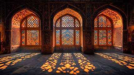 Ornate interior space features elaborate arched windows projecting patterned sunlight onto the floor