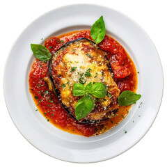 Grilled eggplants and tomatoes topped with pesto and melted cheese on a wooden plate, highlighting vegetable-based meals, World Food Day