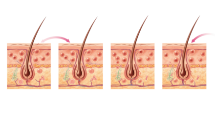 Scientific diagram of mammalian hair growth stages: Anagen, full growth, Catagen, Telogen/Exogen, with detailed follicle anatomy, pink arrows on white background, concept of hair biology