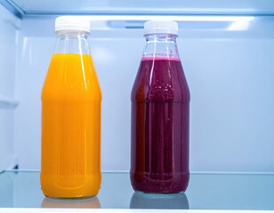 Fresh orange and purple juice in glass bottles inside a refrigerator
