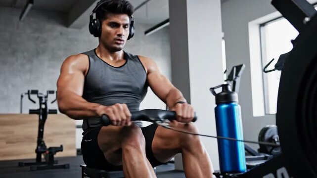 Man Exercising on Rowing Machine.