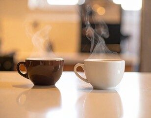 Steaming hot coffee in two cups on a shiny kitchen counter