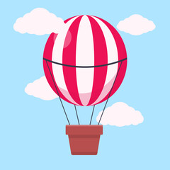 Flat Vector Illustration of Red Hot Air Balloon in Blue Sky