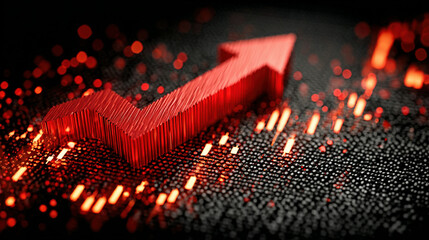 glowing red upward arrow indicating financial or data growth on digital display