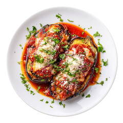 Grilled eggplants and tomatoes topped with pesto and melted cheese on a wooden plate, highlighting vegetable-based meals, World Food Day
