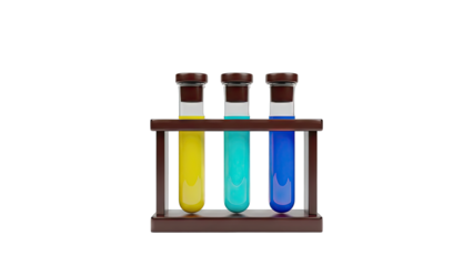 Three Colored Liquids in Test Tubes on Wooden Rack