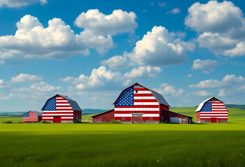 Three red barns painted with American flags stand in a green field under a blue sky with fluffy clouds creating a patriotic rural scene with open land and sunshine