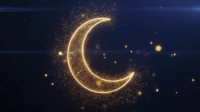 3D animation of a glowing crescent moon transforming into a mystical golden portal, surround