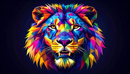Vivid, polygonal lion head illustration with bright, geometric facets against a dark background. Majestic & striking